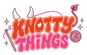 A stylized graphic logo reading 'KNOTTY THINGS' in bold bubble letters, with pink devil horns, a crochet hook, a ball of yarn, and sparkles on a plain white background.