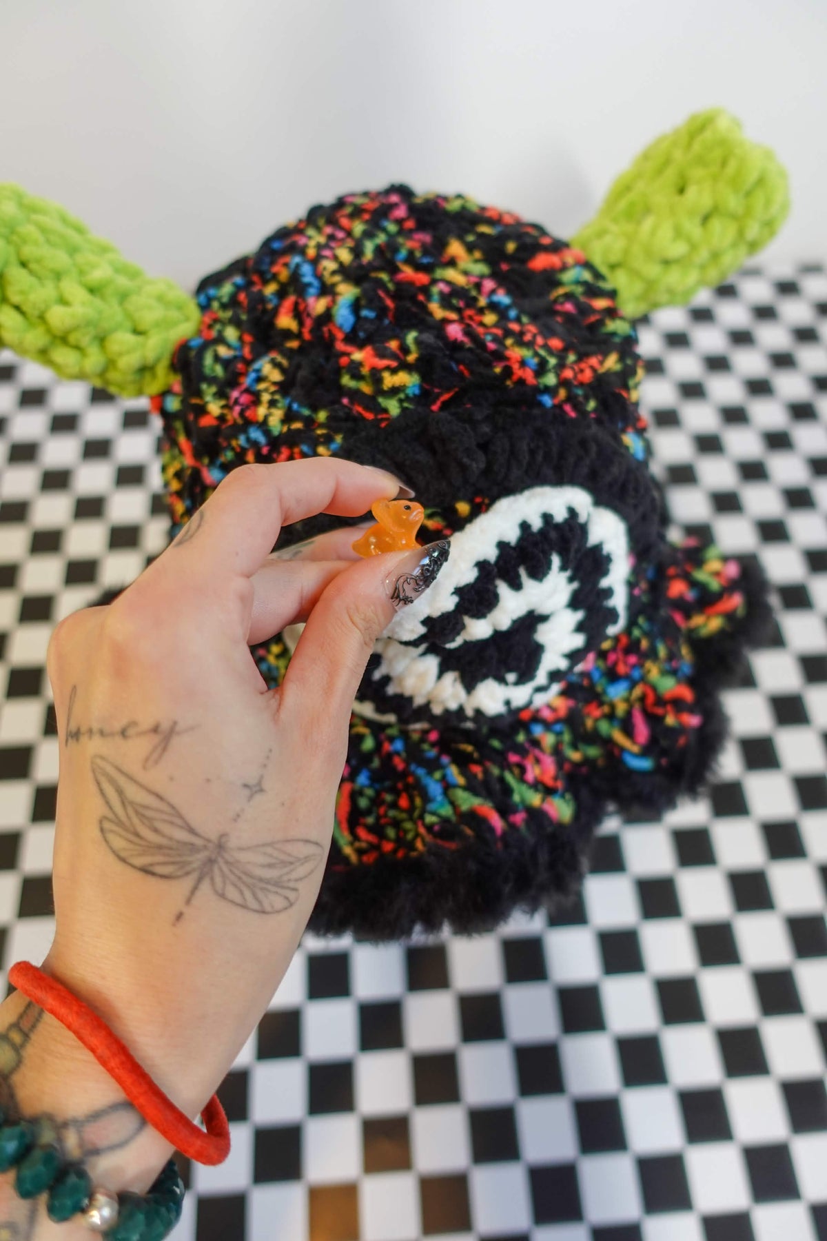 Handmade crochet cyclops bucket hat with plush ears and hidden trinket pocket – Knotty Things