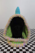 Handmade crochet pastel rainbow dino rave hood with plush spikes and faux-fur trim – Knotty Things