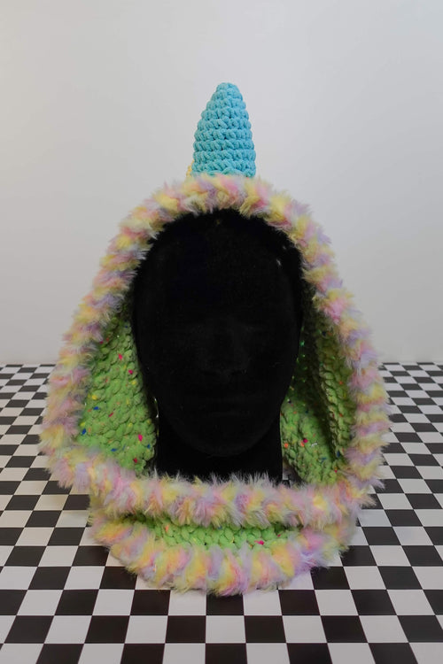 Handmade crochet pastel rainbow dino rave hood with plush spikes and faux-fur trim – Knotty Things